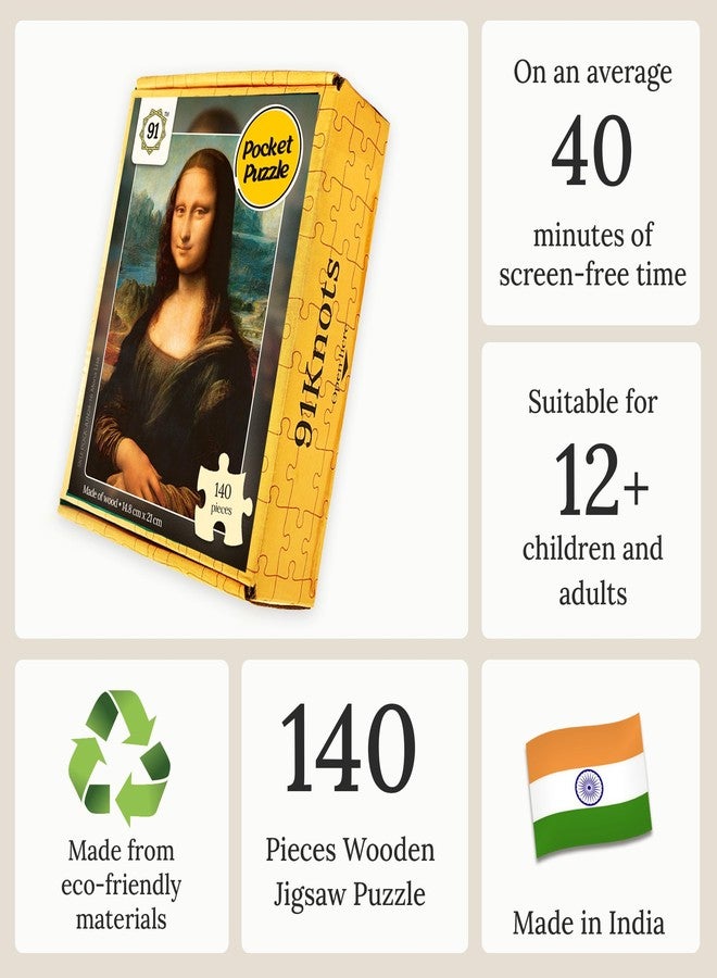 91Knots | Mona Lisa 140 Pieces Premium Wooden Pocket Puzzle for Adults & Teens | Classical Art Brain Teaser | Relaxing Mindfulness Activity | Travel-Friendly Gift - Image 3